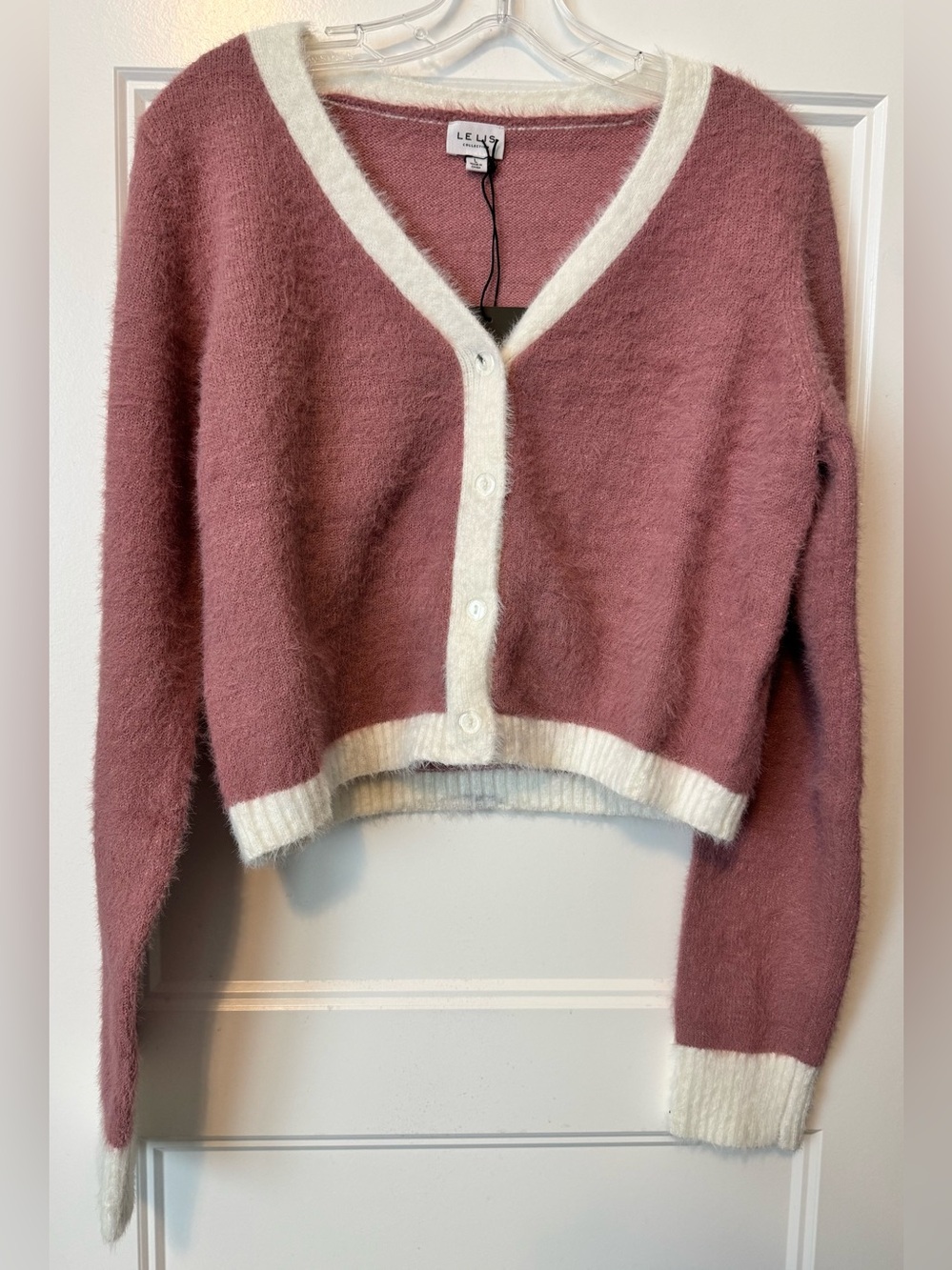 NWT Lelis Collection Fuzzy Mauve Pink Cream Trim Cardigan Size L